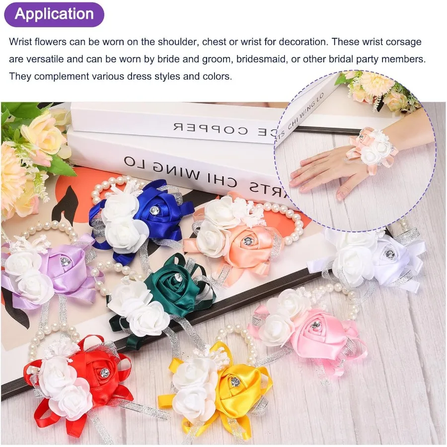 MECCANIXITY Ramillete de muñeca Pulseras de flores artificiales Muñeca rosa Novio Decorativo para ceremonia de boda Fiesta de graduación Anniversario