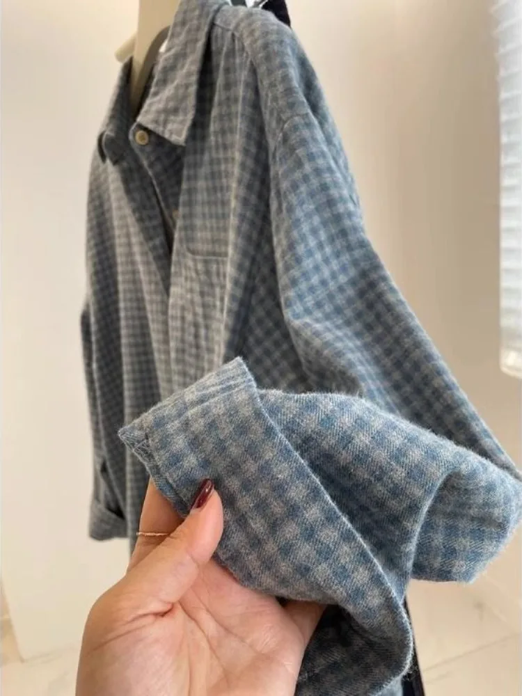 Retro waed brued azul xadrez irt jaet feminino primavera outono thiened solto casual outerwear na moda topo