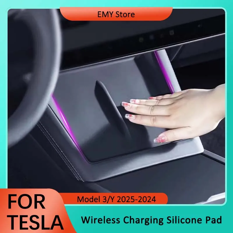 For Tesla Model 3 2024 Highland Wireless Charging Silicone Pad Model3 Center Control Storage Box Armrest Box Bottom Non-slip Mat