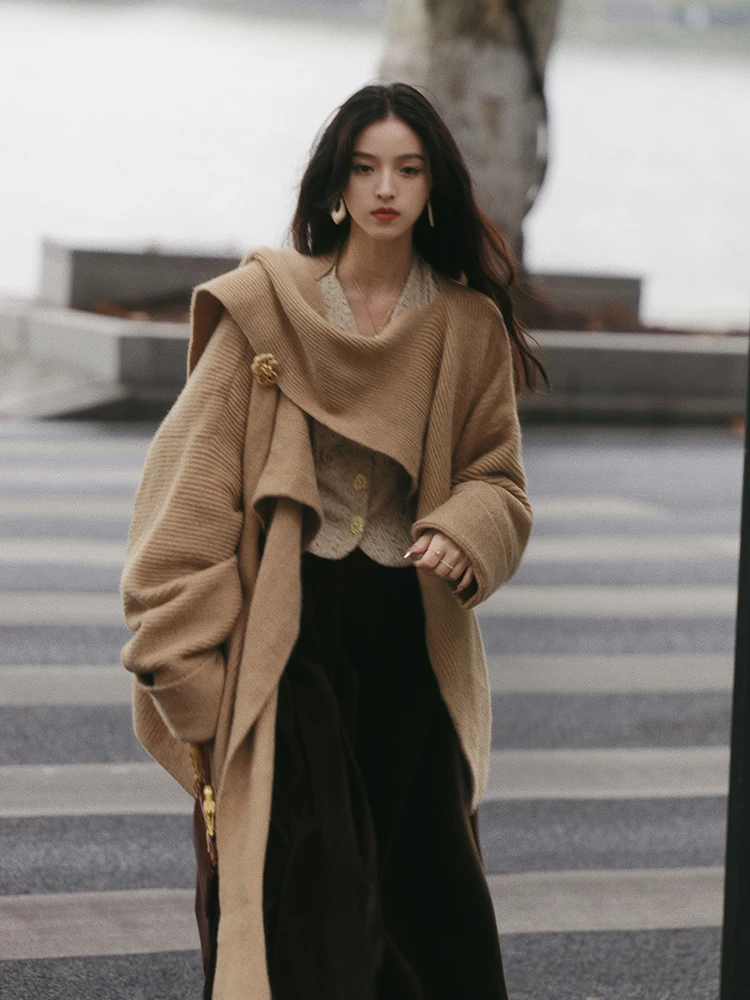 

Retro Design Loose Knitted Sweater with Scarf Multi-Way Wear Lazy Sle Slimming Women's Mid-Length Coat Single Piece Winter ...