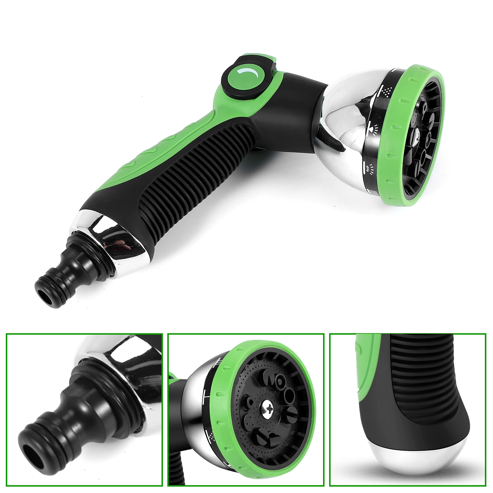 A04G-Garden Hose Nozzle Spray Nozzle 10 Hose Metal Duty Watering Patterns Thumb Control On Off Valve Water Green