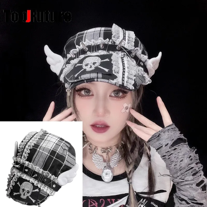Subculture Y2K Girls punk  Ladies Octagonal Hat Plush Black and white check wing skeleton rivet pin Spink lace Plaid beret  hat