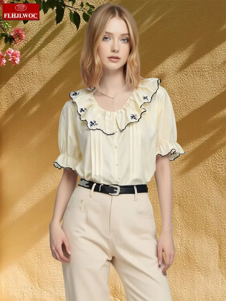 

Embroidery Bow Tie Ruffles Tops Blusas 2025 Cute Sweet Girls Chic Korea Fashion Clothes Solid Preppy Style Button Shirts Blouses