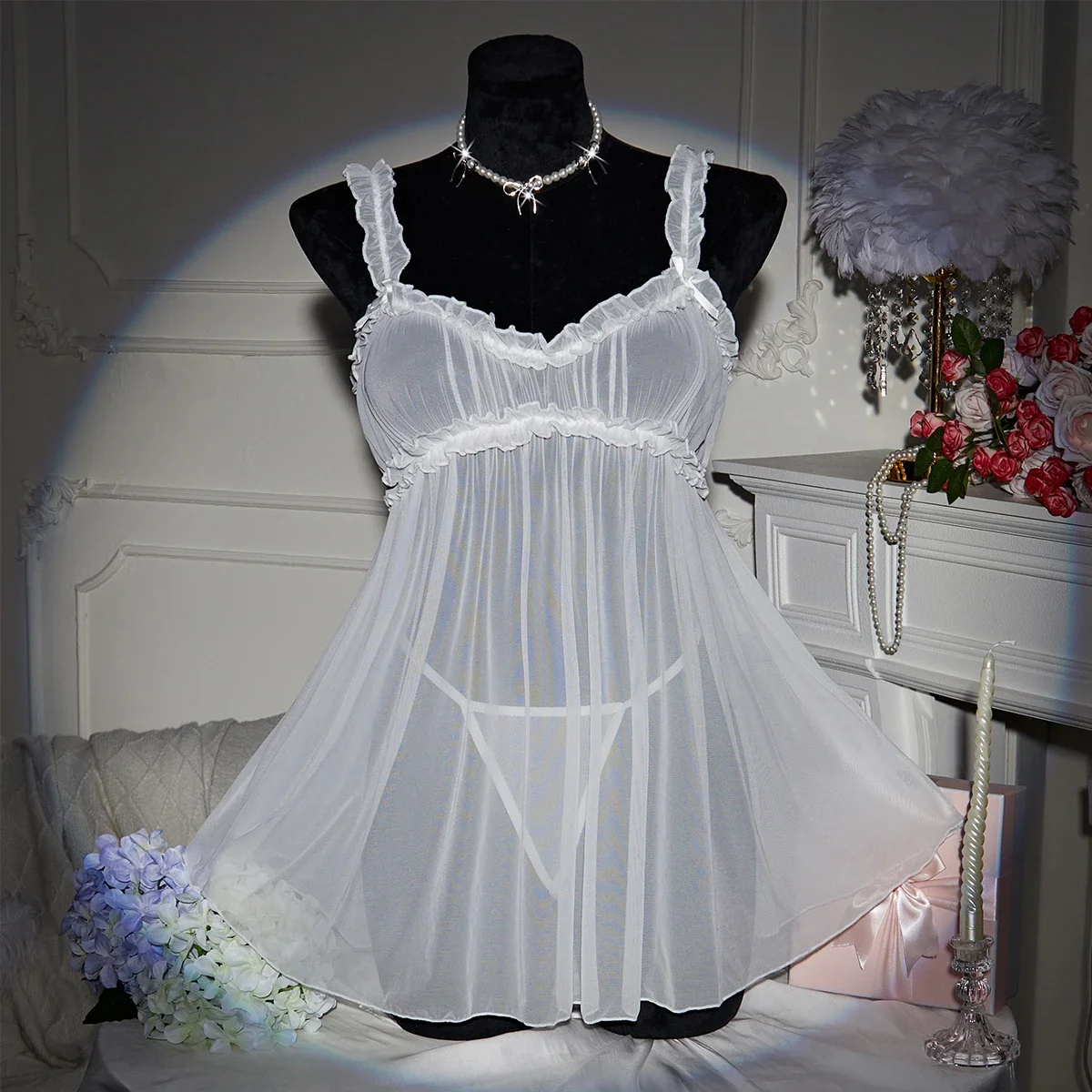 

White Sexy Nightdress Transparent Lingerie Women Underwear Sexy Nightdress And Thongs Set Elegant Wedding Dress Pijamas Babydoll