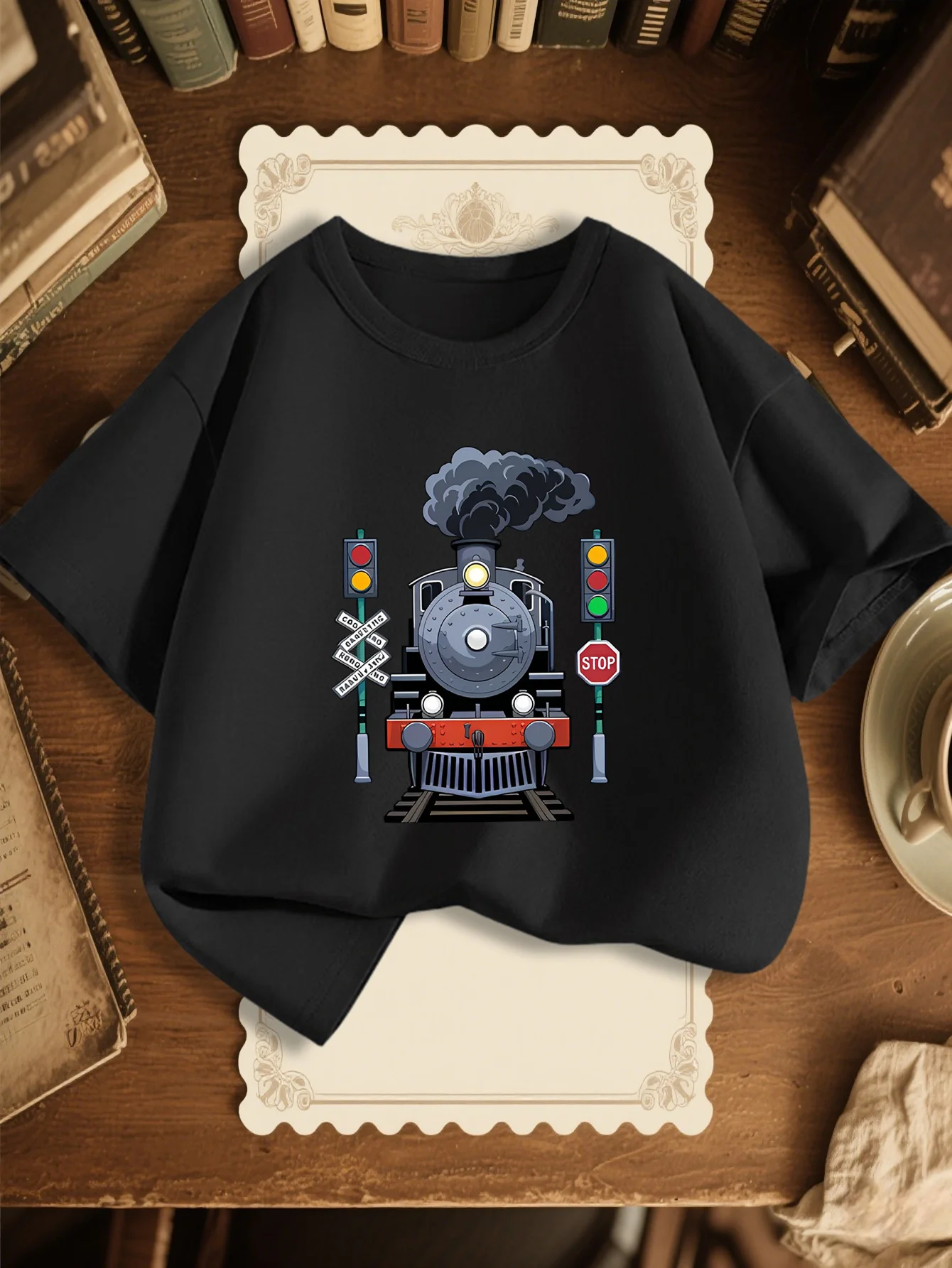 Cute Vintage Steam Train Sign Print Graphic Kids Tee Boys Girls Family Matching Cotton Crew Neck Short Sleeve Soft Summer Tee