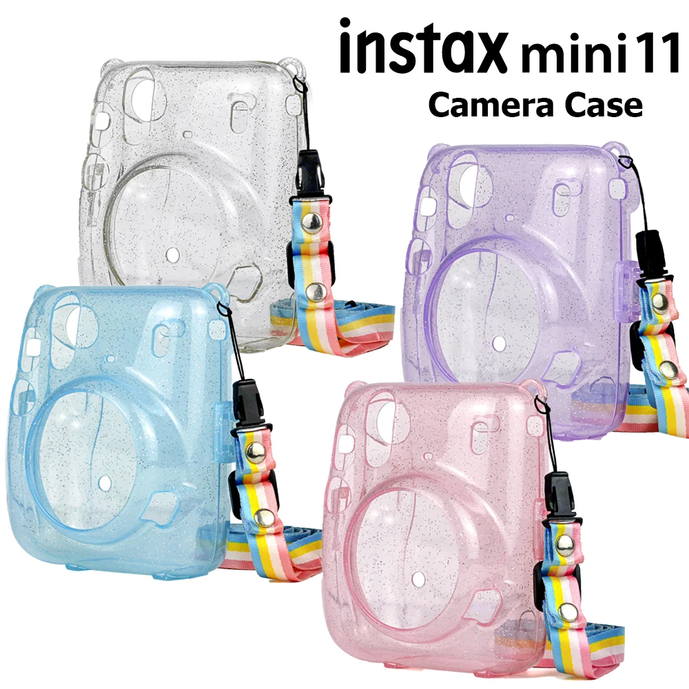 New For Fujifilm Instax Mini 11 Instant Film Camera Bag Crystal Hard Case Glitter Cover Shell with Shoulder Strap Pink Purple