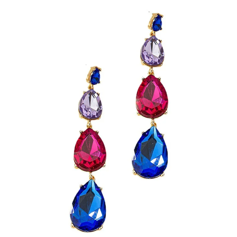 Luxury Water Drop Shiny Fuchsia Blue Crystal Dangle Earrings Women Party Jewelry