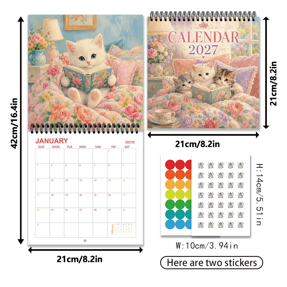 1pc 2027 Wall Calendar, Cozy Bed Reading Kitten Theme, 12-month Monthly Planner, Perfect Gift For Birthdays, Christmas, New Year
