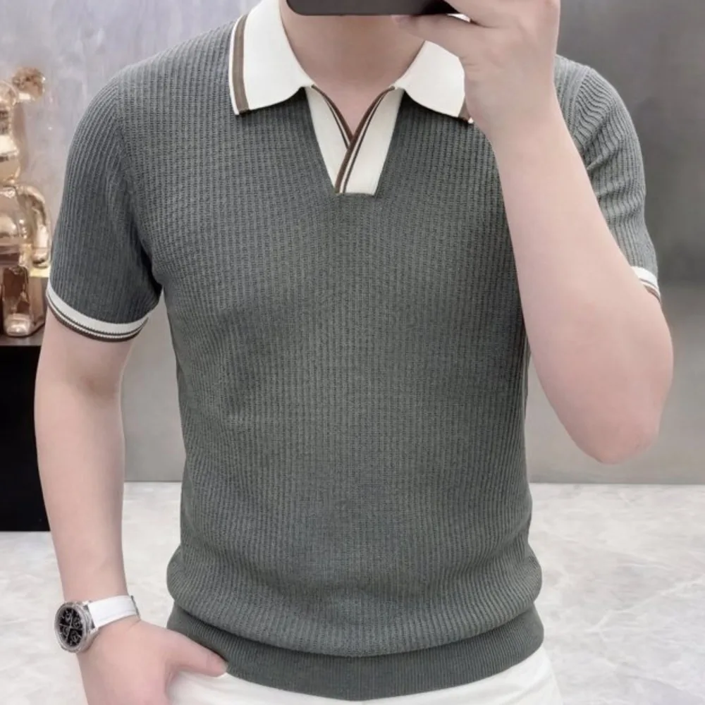 2026 Summer Knit Lapel T-shirt Polo Camisa Hombre  Mannen Polo British Men's T Shirt Contrast Stitching Casual Slim Lapel Polo