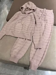 Abito lavorato a maglia in Cashmere a righe da donna autunno inverno maglione con cappuccio a maniche lunghe e pantaloni lunghi elastici in vita