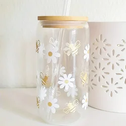 1Pc 16oz Small Daisy Bee Pattern Sticker Transparent Glass Tumbler Simple Fresh Sticker Drink Cup Suitable For Summer