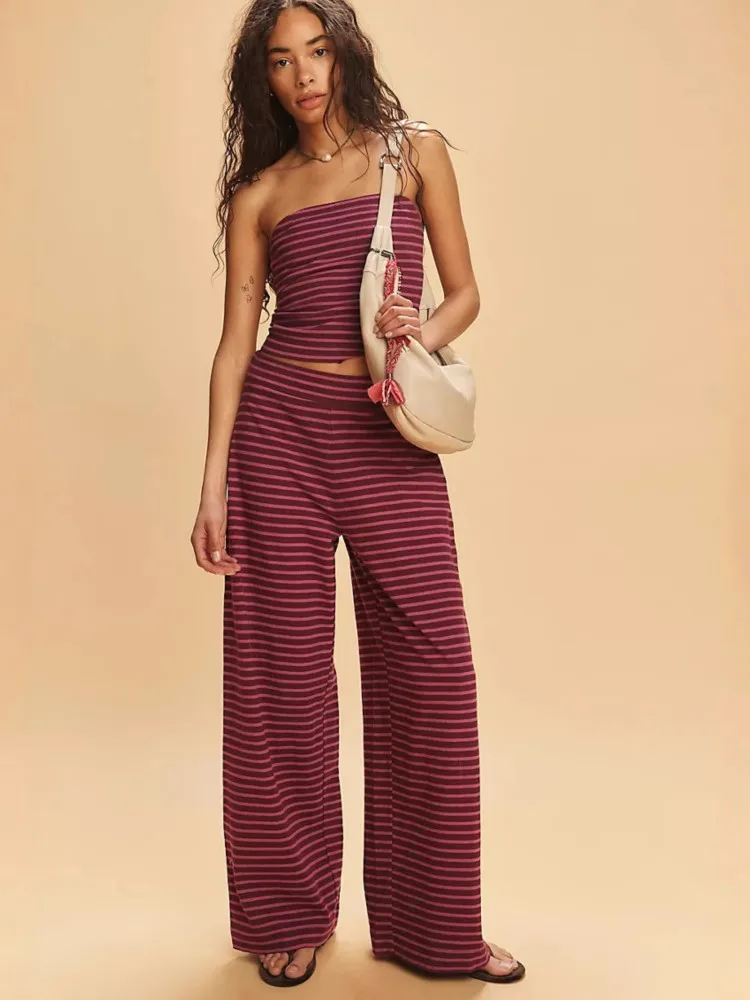

Sexy Strap Crop Top Pants Sets Women Casual Striped Slim Suit Summer Fashion Trousers Two-piece Set Y2k High Street Gril Outfit