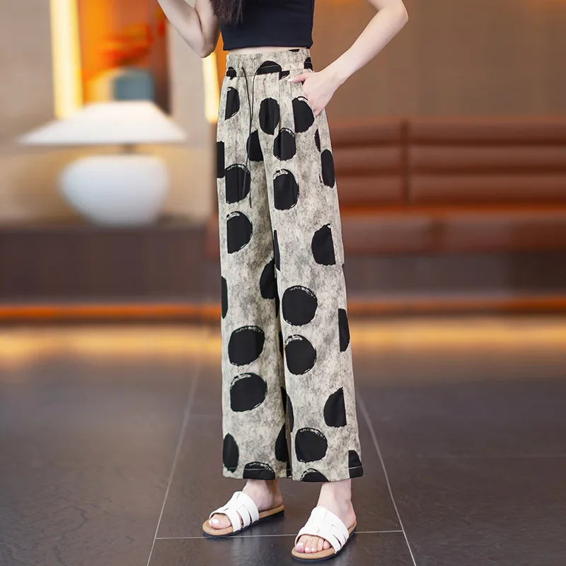 سراويل مريحة منقطة للنساء، سراويل صيفية رفيعة عالية الخصر وفضفاضة ثنيات صغيرة كاجوال مستقيمة الساق