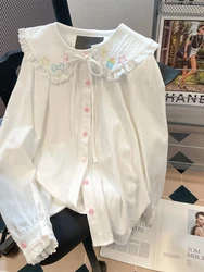 Women White Shirts and Blouses Y2k Aesthetic Vintage Harajuku 2000s Elegant Peter Pan Collar Long Sleeve Shirt Cutecore Clothes