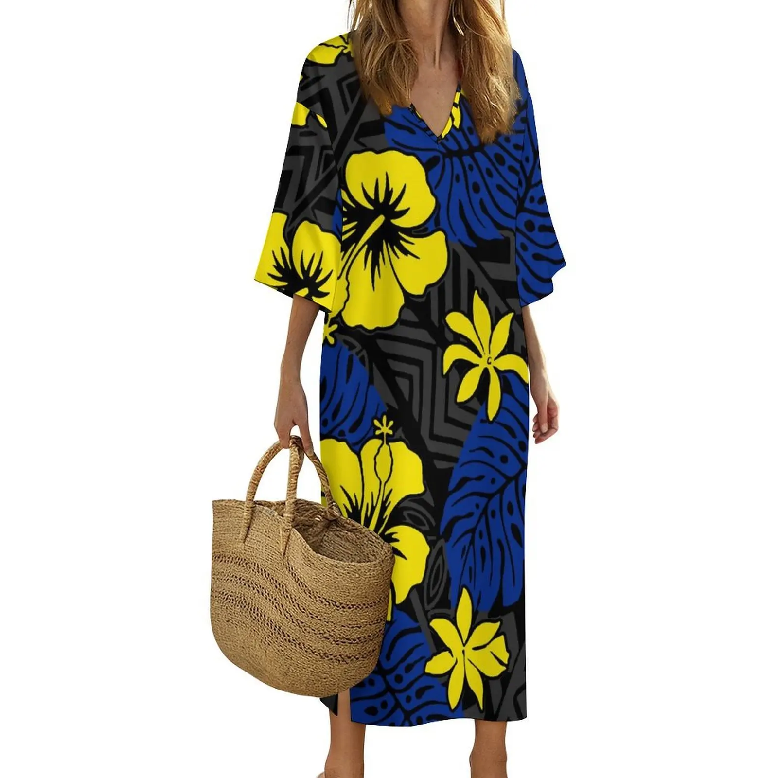 فستان نسائي بولينيزي بتصميم قبلي مصنوع حسب الطلب مطبوع صيفي بأكمام قصيرة أنيق وفضفاض ومريح #2