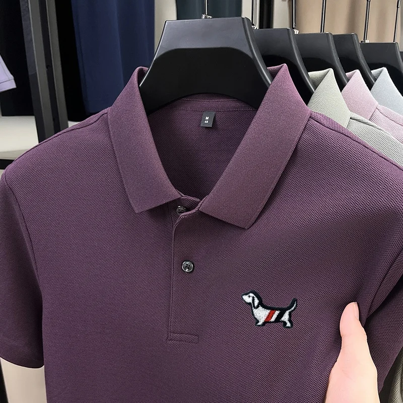 

Дизайнерская брендовая мужская рубашка поло из 100 хлопка с лацканами и коротким рукавом, летняя новая изысканная мужская одежда с принтом щенка, деловая повседневная мужская одежда