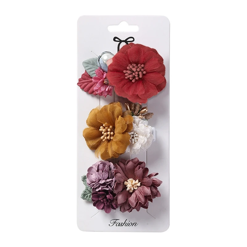 F19F 3Pcs Kids Baby Girls Floral Hair Clips Set Artificial Flower Fully Lined Clip Hairpins Toddler Teens Boutique Bow