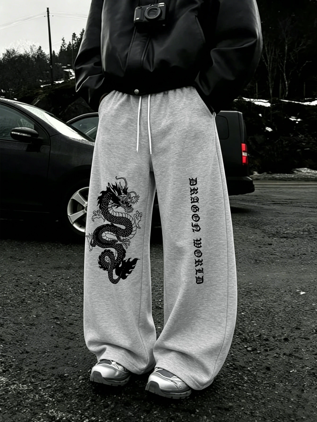 Men Baggy Sweatpants, Oriental Dragon Graphic & Vertical Gothic Old‑English 