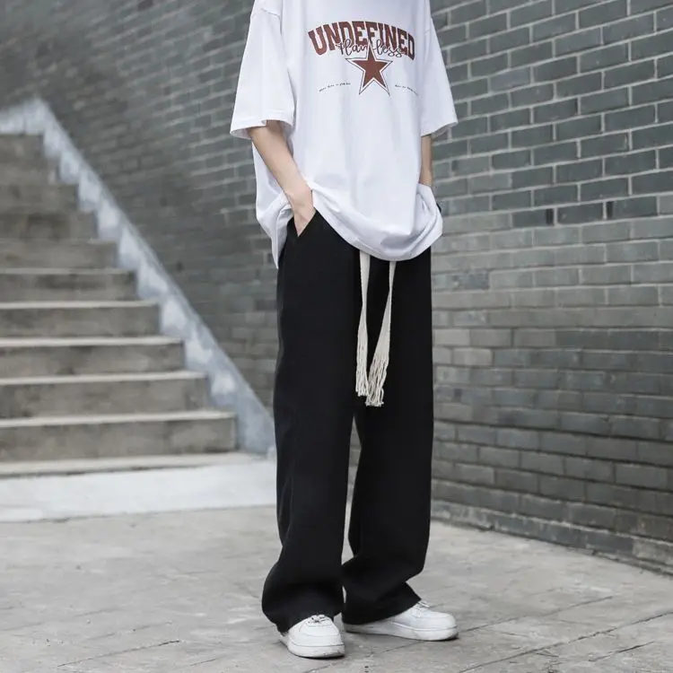 

Black Wide Leg Casual Pants Men's Loose Straight American High Street Drawstring Trendy Jeans Youth Popular Cotton Polyester