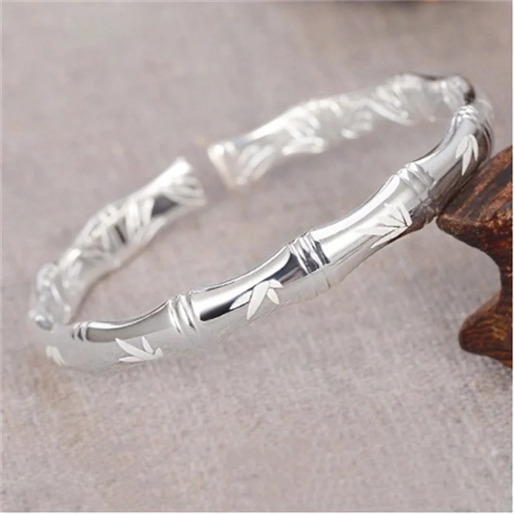 999 Sterling Silver Adjustable Open Bangle For Men & Women, Classic Bamboo‑Joint With Bamboo‑Leaf Engraving Fine Silver Jewelry
