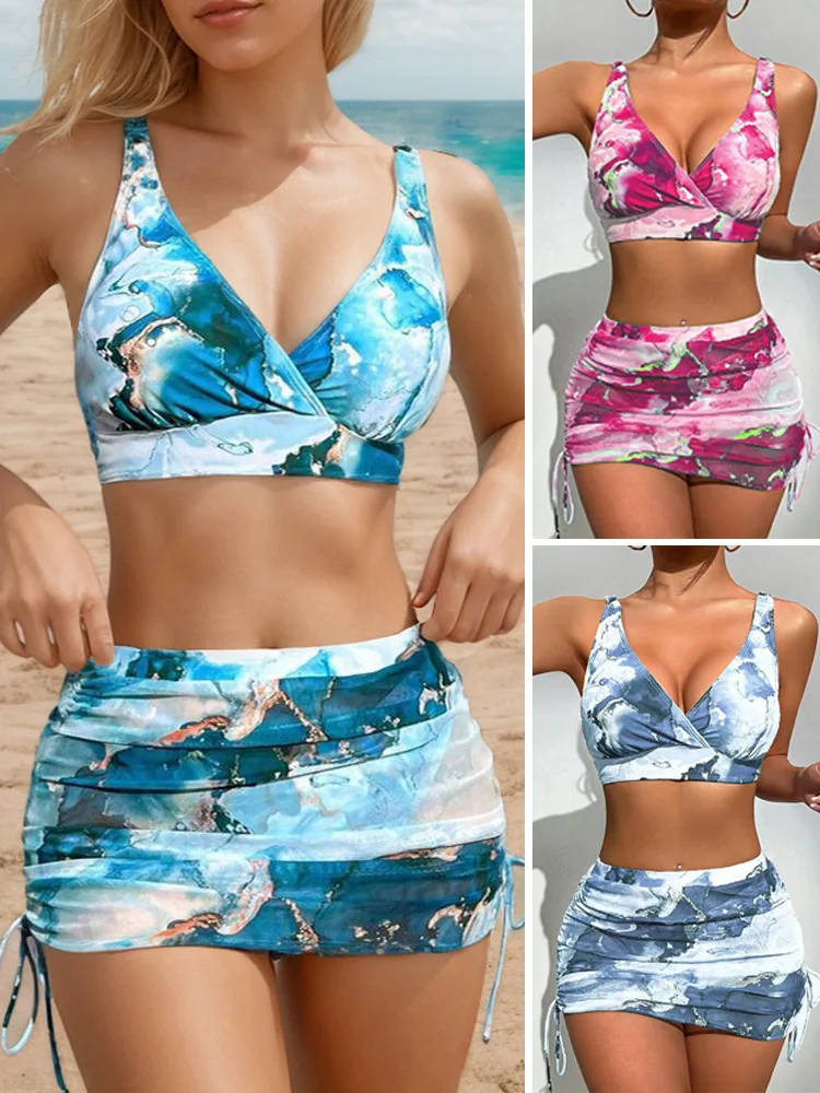 

2026 Women's 3 Piece Bikini Set Deep V Tie-Dye Swimsuit with Skirt Cover Up Sexy Beachwear Summer V Neck Shorts Swimwears Female