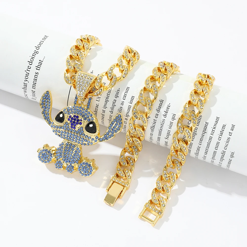 Hot Sell Cartoon Figure Stitch Gilded Simulated Diamond Necklace Bling Pendant Necklace For Party Cosplay