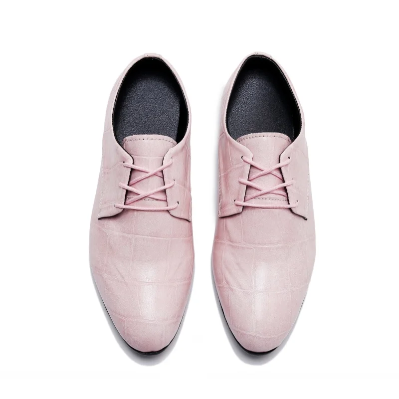 New Men's Designer Pointed Toe Pink Lace Up Wedding Derby Shoes Gentleman Business Office Flats Dress Homecoming Footwear