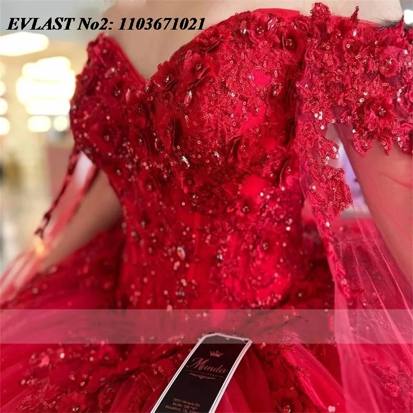 EVLAST 맞춤형 글리터 레드 퀸세아네라 드레스 3D 플로럴 레이스 아플리케 비딩 러플 파티 스위트 16 베스티도스 15 아노스 E2QA103