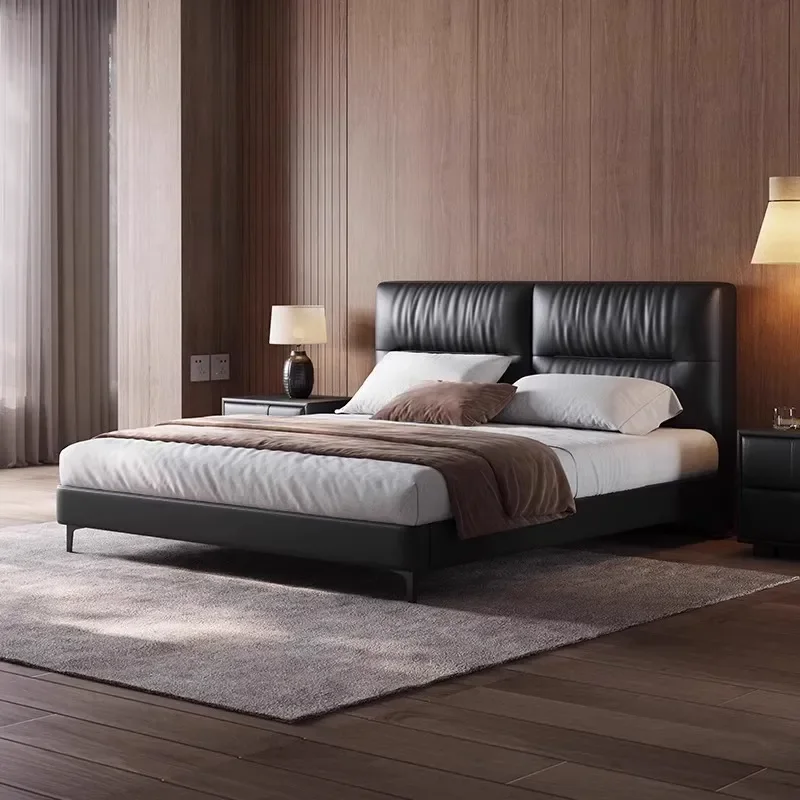 Modern Italian Black Leather Bed Minimalist Tofu Block Design Soft Upholstered Headboard Flush Edge Master Bedroom Furniture