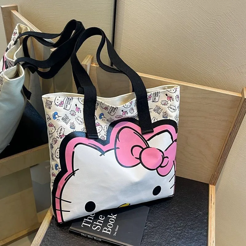 Sanrio Hello Kittys Shoulder Bag Cute Cartoon Casual Canvas Full Screen Large Capacity Kawaii Anime Shopping Bag Toys Girl Gifts