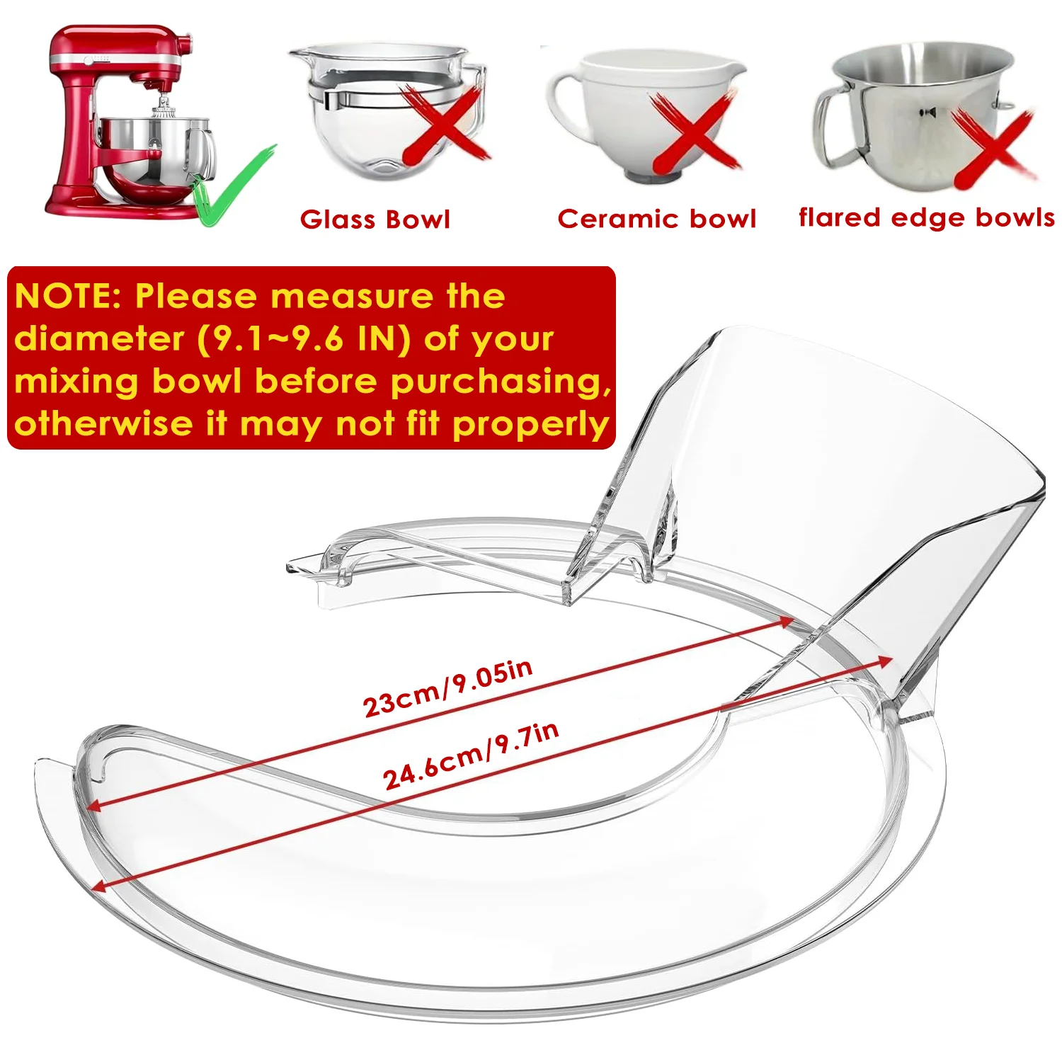 Pouring Shield  for Kitchenaid 5.5-8 Quart Bowl-Lift Stand Mixer and Stainless Steel Mixer Bowl，Splash Guard Attachment