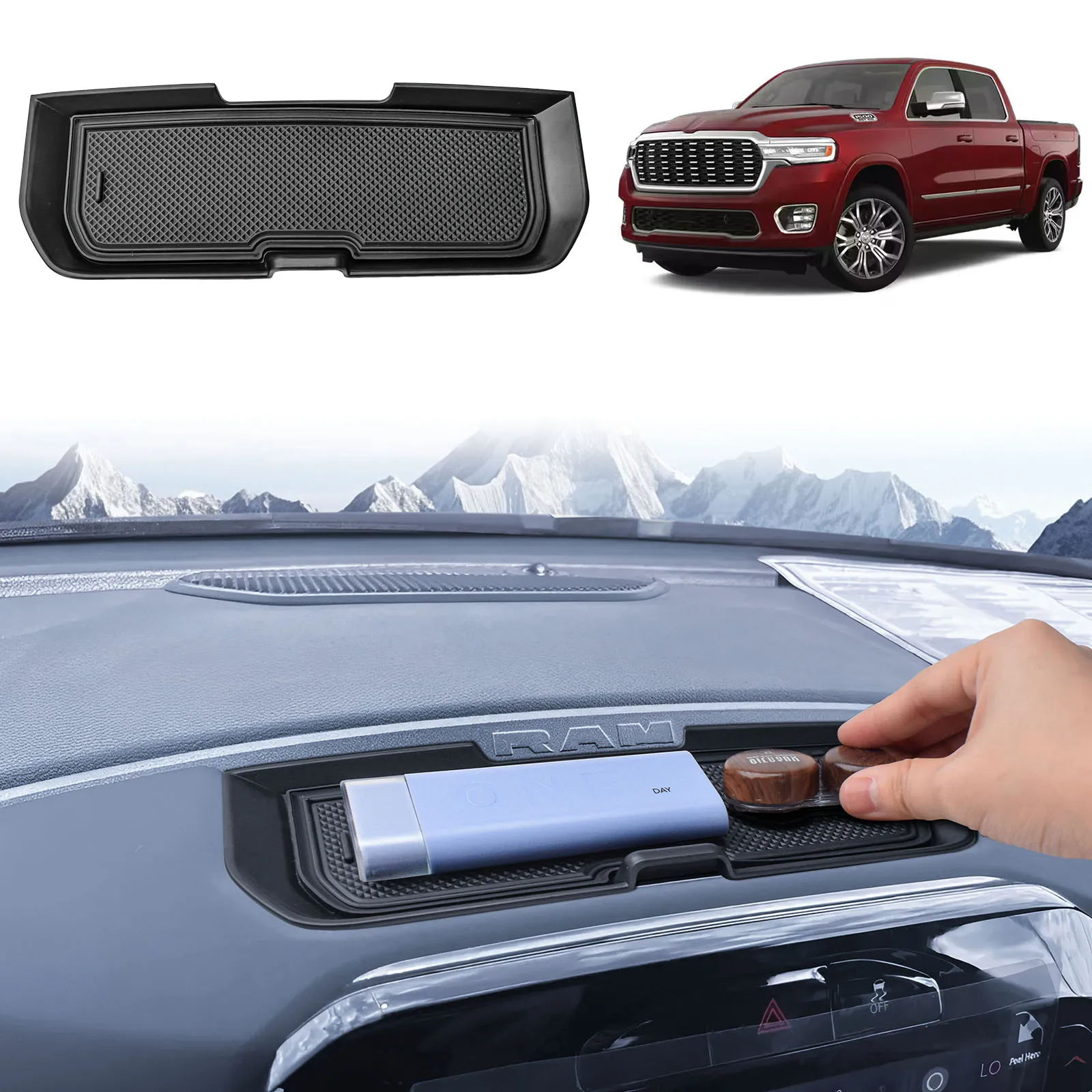 

Center Console Dashboard Hidden Cover for 2019-2026 Dodge RAM 1500 Interior 12 inches Behind Screen Dash Board Storage Organizer