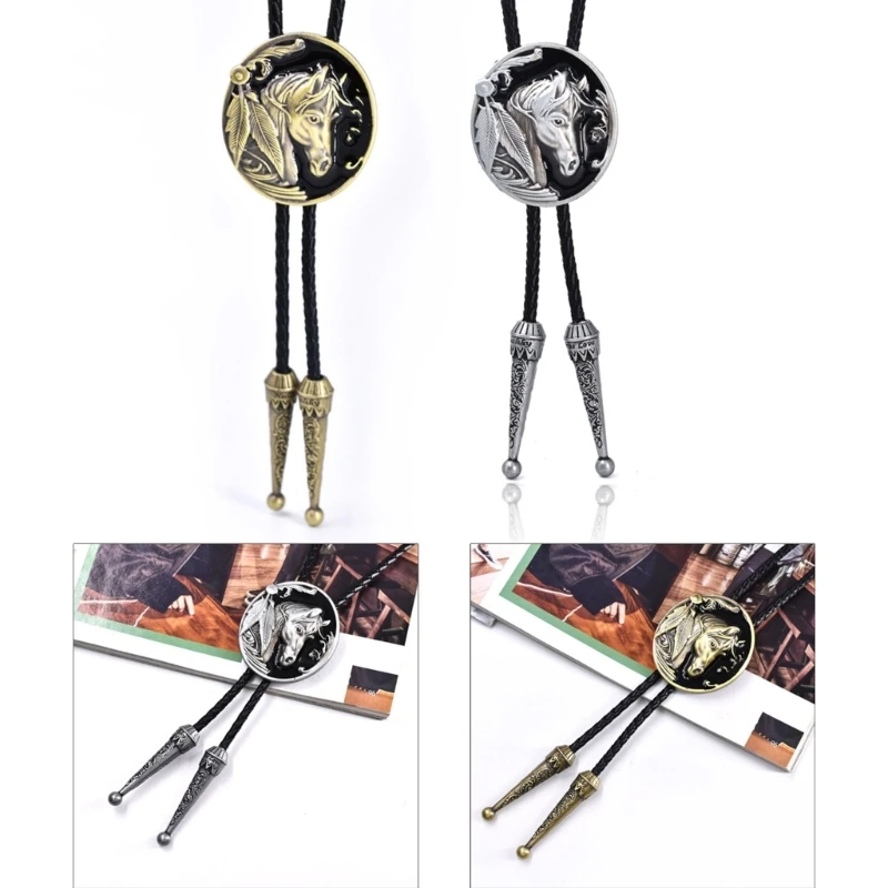 N58F Fashion Relief Horse Buckle Bolo Tie Necklace Bolo Tie Western Cowboy Necktie