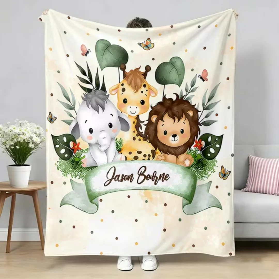Custom Name Text Jungle Animal Flannel Blanket, Soft Light Digital Print Throw with Giraffe Zebra Lion Design