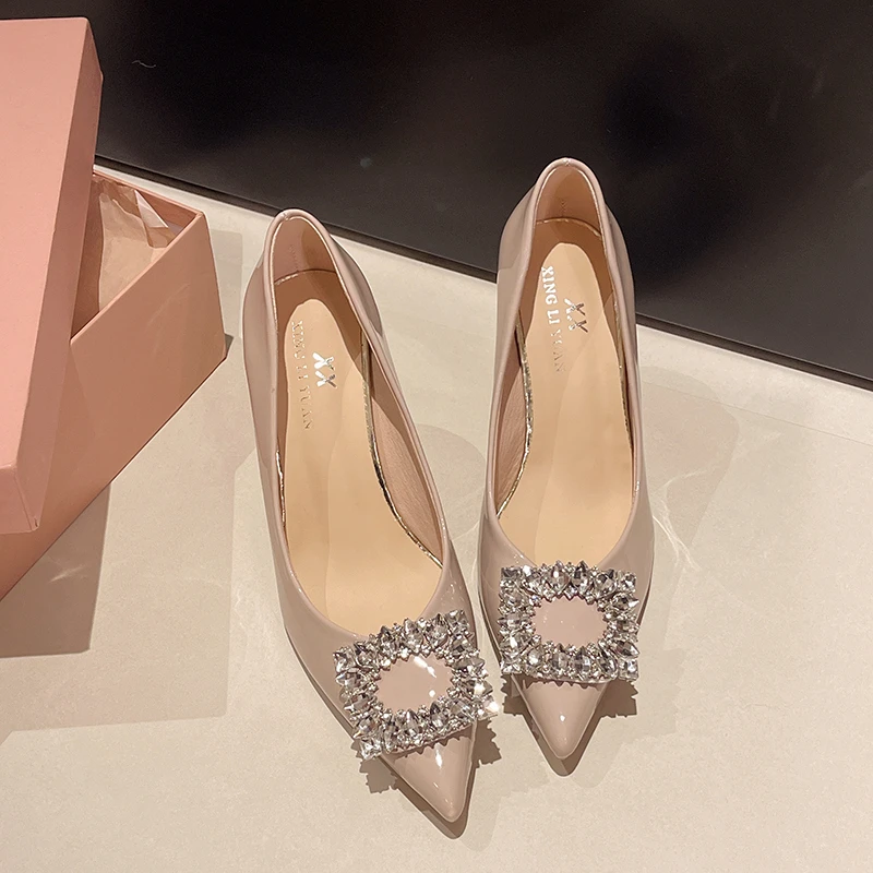 العلامة التجارية المرأة عالية الكعب 2026 ربيع جديد فاخر حجر الراين المرأة خنجر أحذية مريحة عدم الانزلاق الصنادل مكتب الضحلة #5