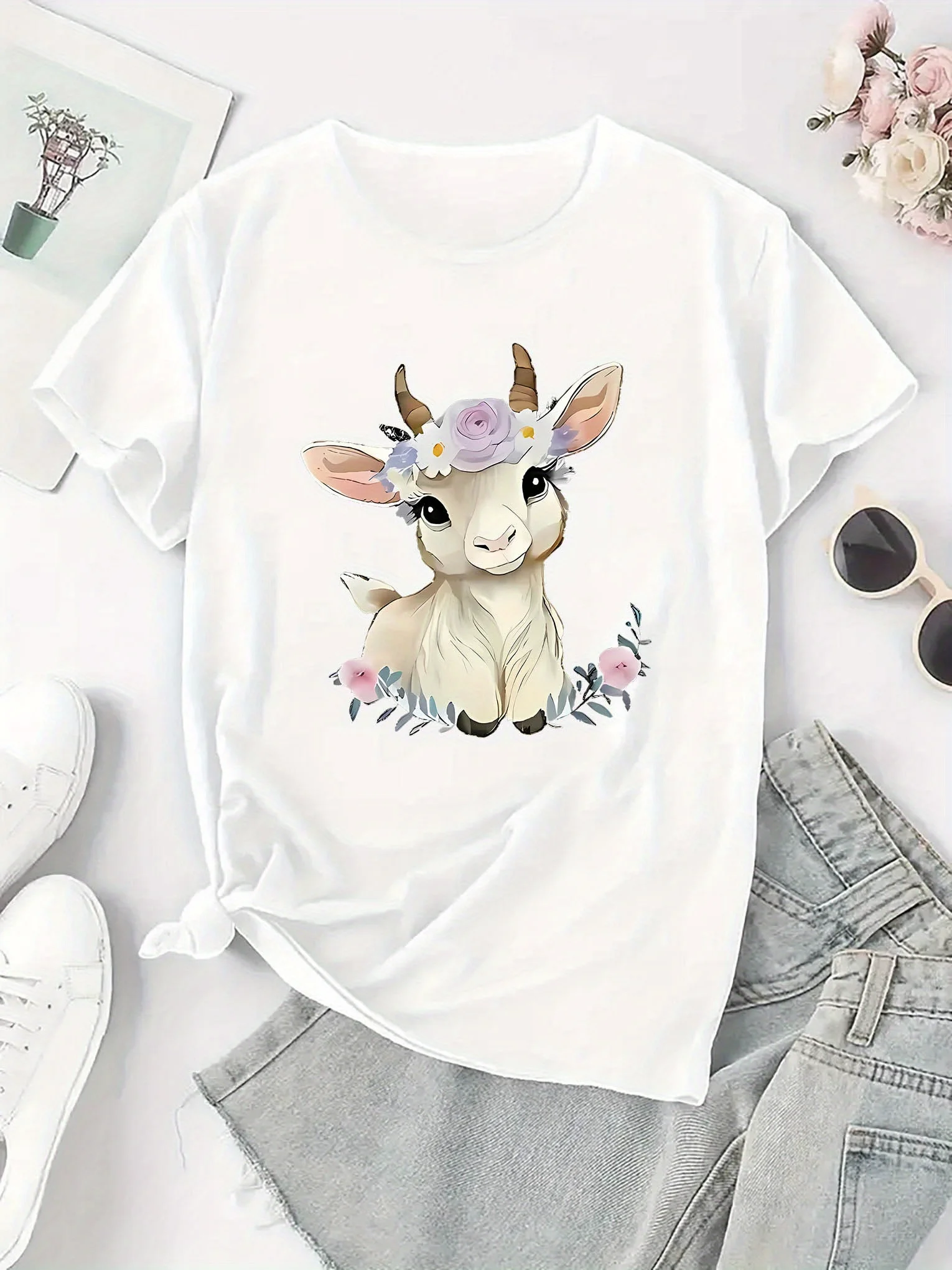 تي شيرت نسائي كاجوال برقبة دائرية مع طباعة الماعز الإبداعية، أزياء قصيرة الأكمام، أعلى الفصول الأربعة، نمط حيوان مريح #4