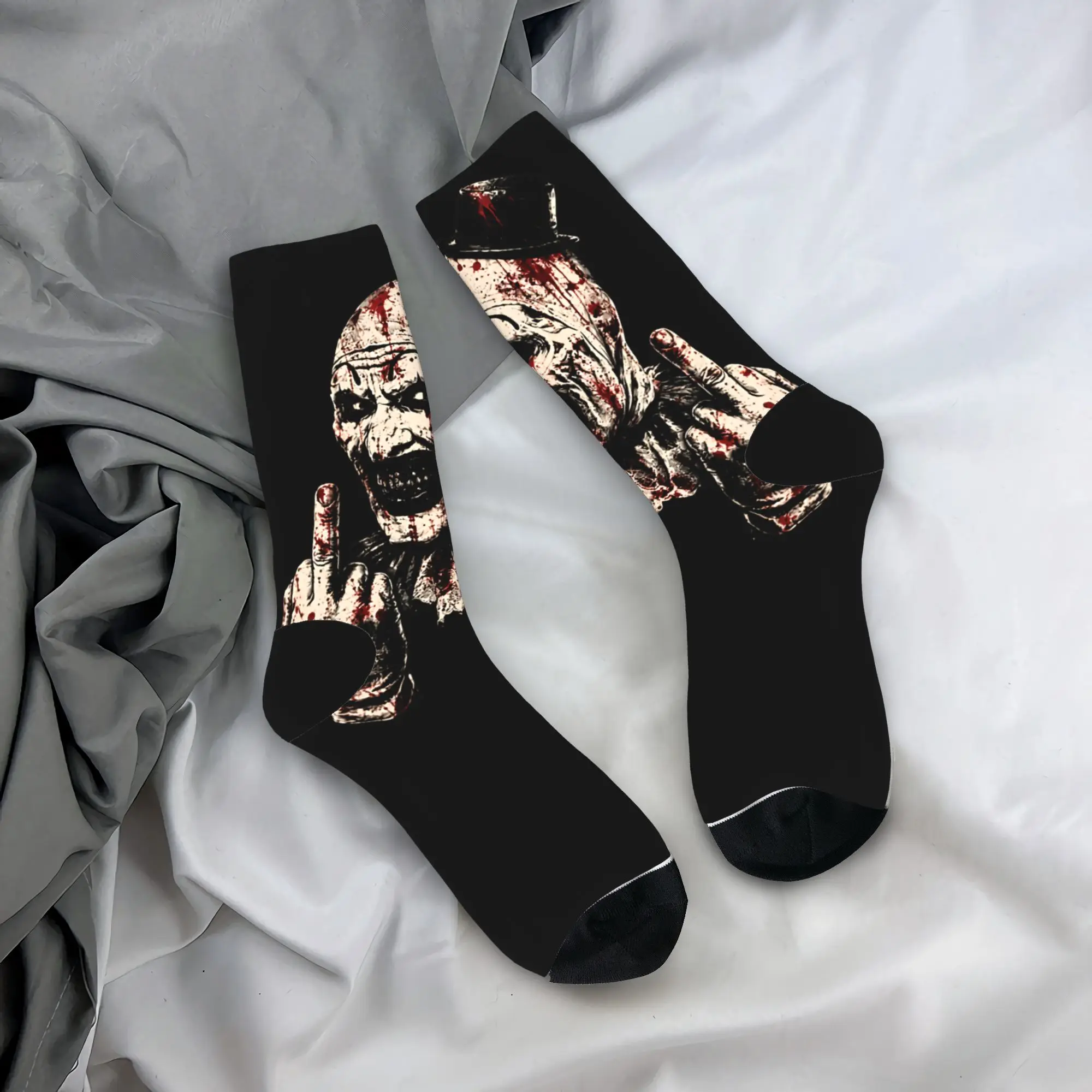 Autumn Winter Hip-hop Men's Women's Art The Clown Terrifier Middle Finger Horror Socks  Breathable Crew Socks