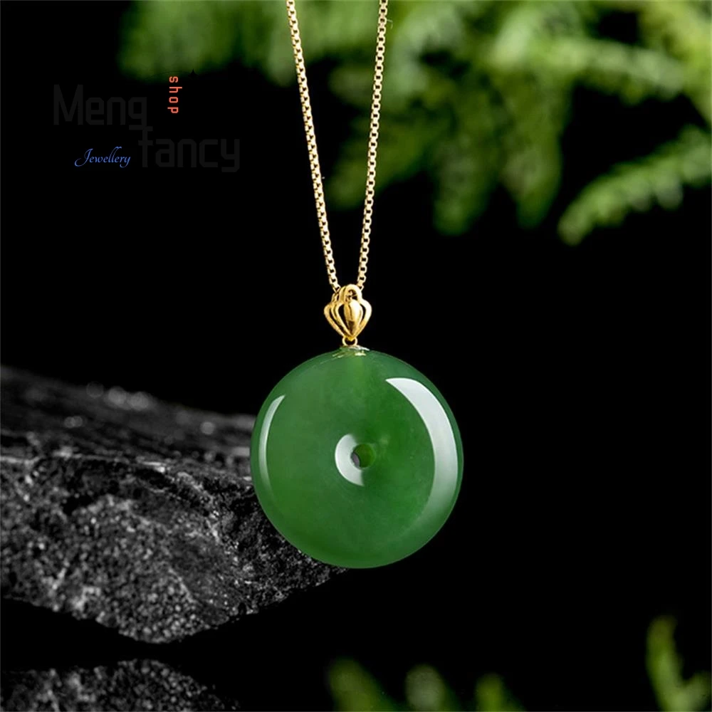 Old Material Spinach Green Hetian Jade Jasper Peace Button 18K Gold Inlaid Natural Pendant High-grade Fashion Luxury Jewelry