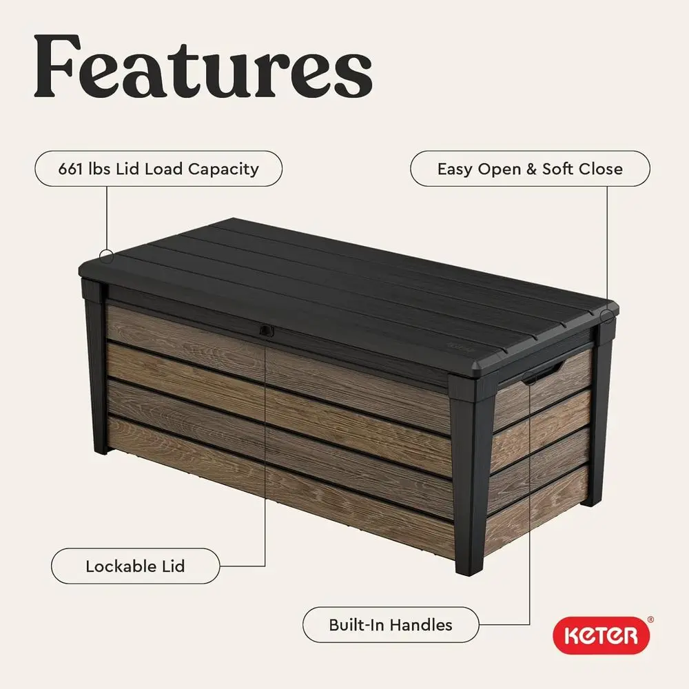 Kotak Penyimpanan Resin 120 Galon untuk Bantal Luar Ruangan, Alat Berkebun, dan Aksesori Kolam Renang dalam Warna Walnut.