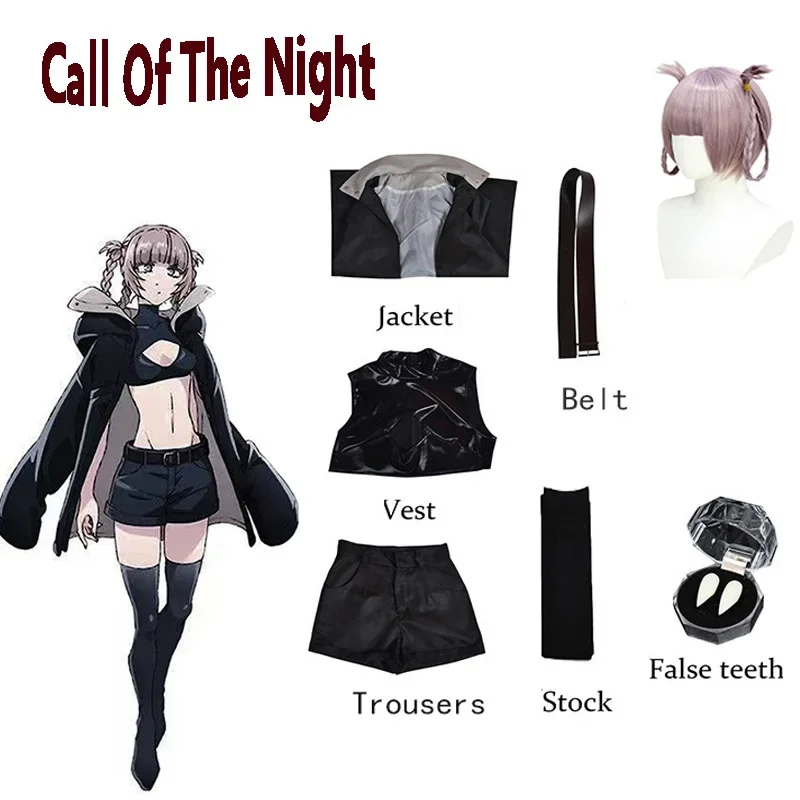 Anime call of the night Nanakusa Nazuna cosplay costume wig black cloak jacket leather vest shorts outfit yofukashi no Uta women