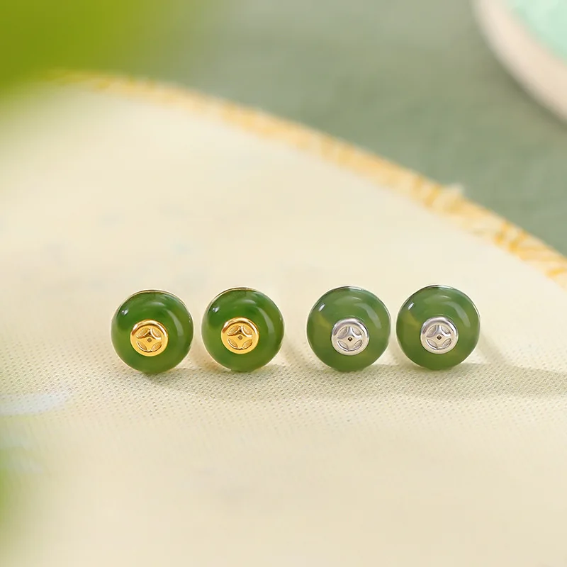 S925 Sterling Silver Gold-Plated Hetian Jade Vintage-Style Coin-Shaped Peace Earrings