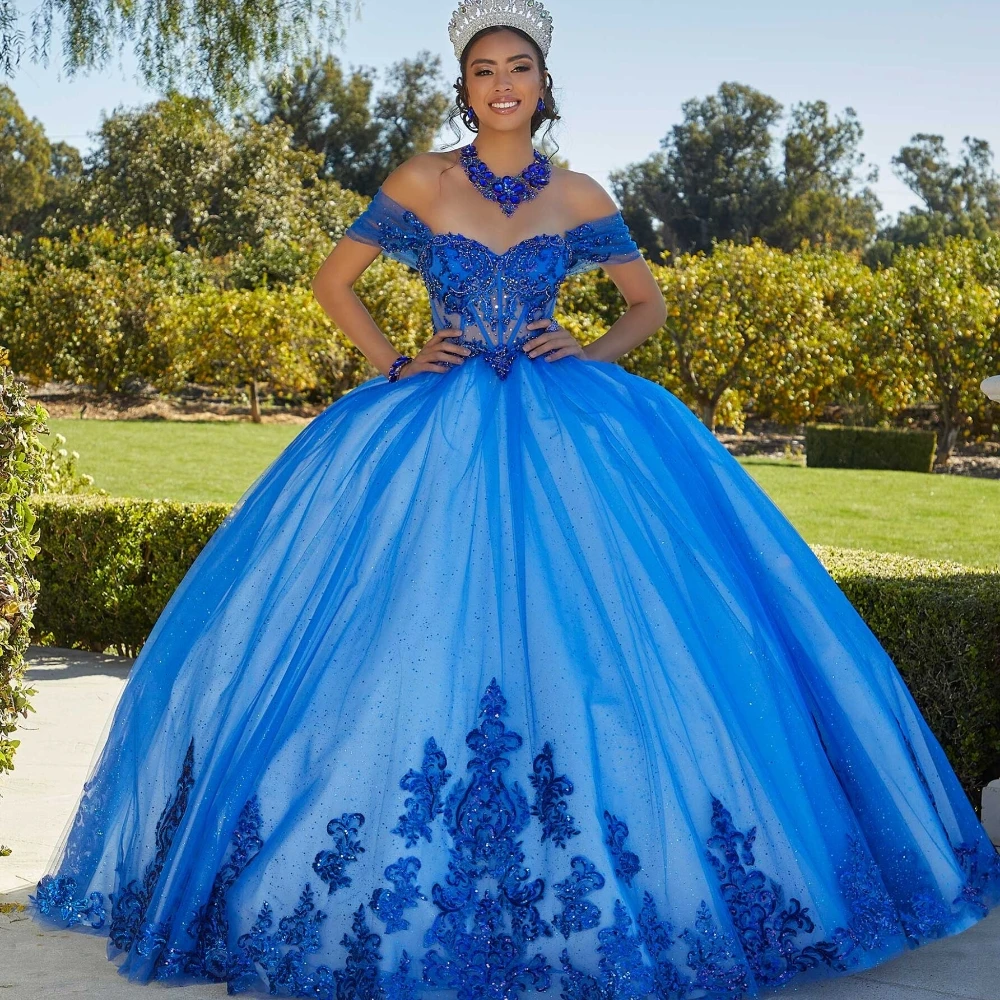 

EVLAST Royal Blue Quinceanera Dress 2024 Sweetheart Lace Applique Sequins Beaded Princess Sweet 16 Vestidos De XV Años TQD094