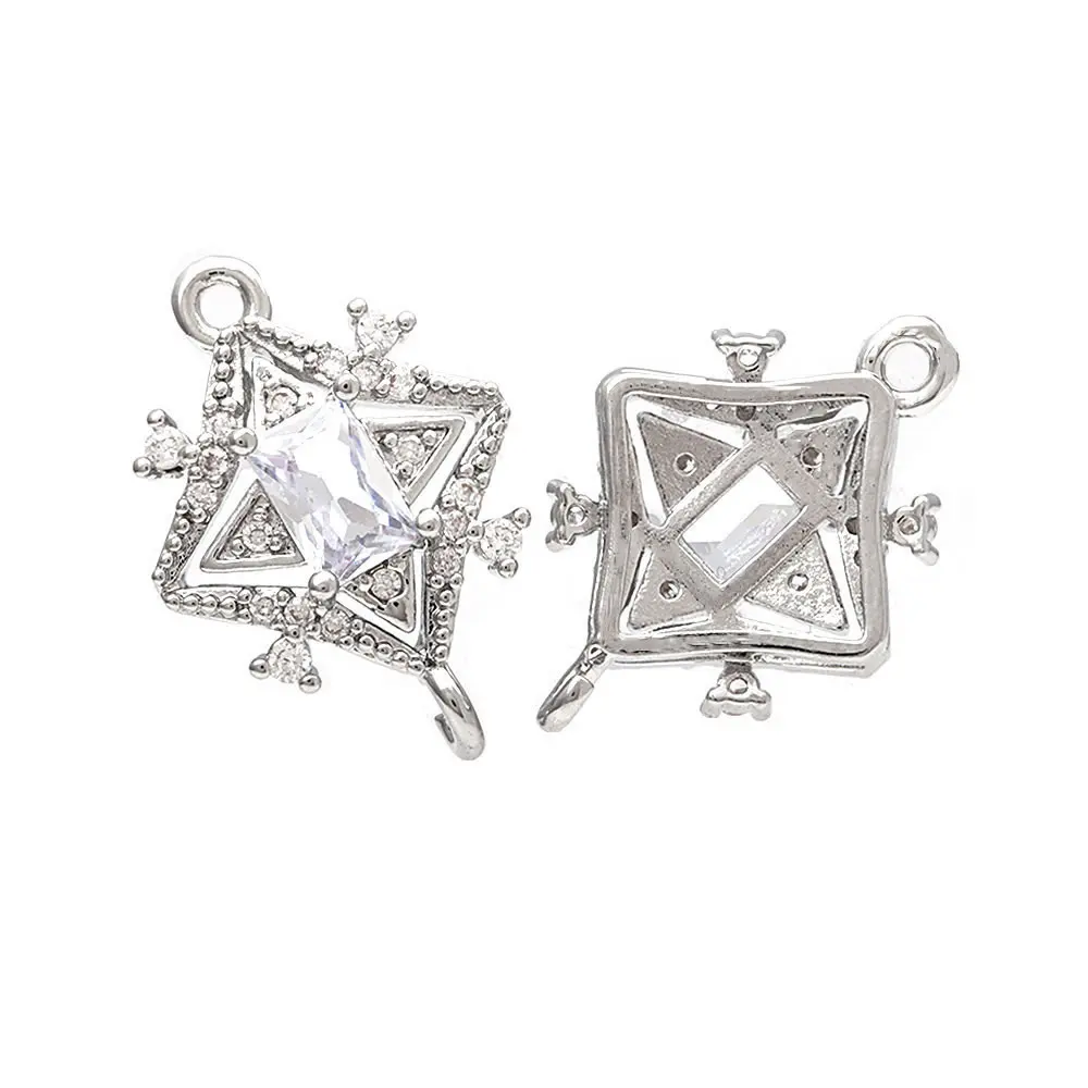 6PCS 18K Gold Color Brass Zircon 2 Holes Rhombus Connect Charms Pendants High Quality Necklace Earrings Diy Jewelry Accessories