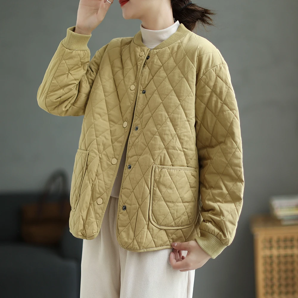 

Thiened Cotton Jaet Retro Baseball Sle Stand Collar Women's Outerwear Warm Coat Winter Faion Artistic Pure Color