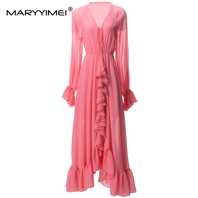 

MARYYIMEI Pink/Black Fashion Spring Women's Dress V-neck Long sleeved High waisted Ruffles Bohemian Vacation Dresses