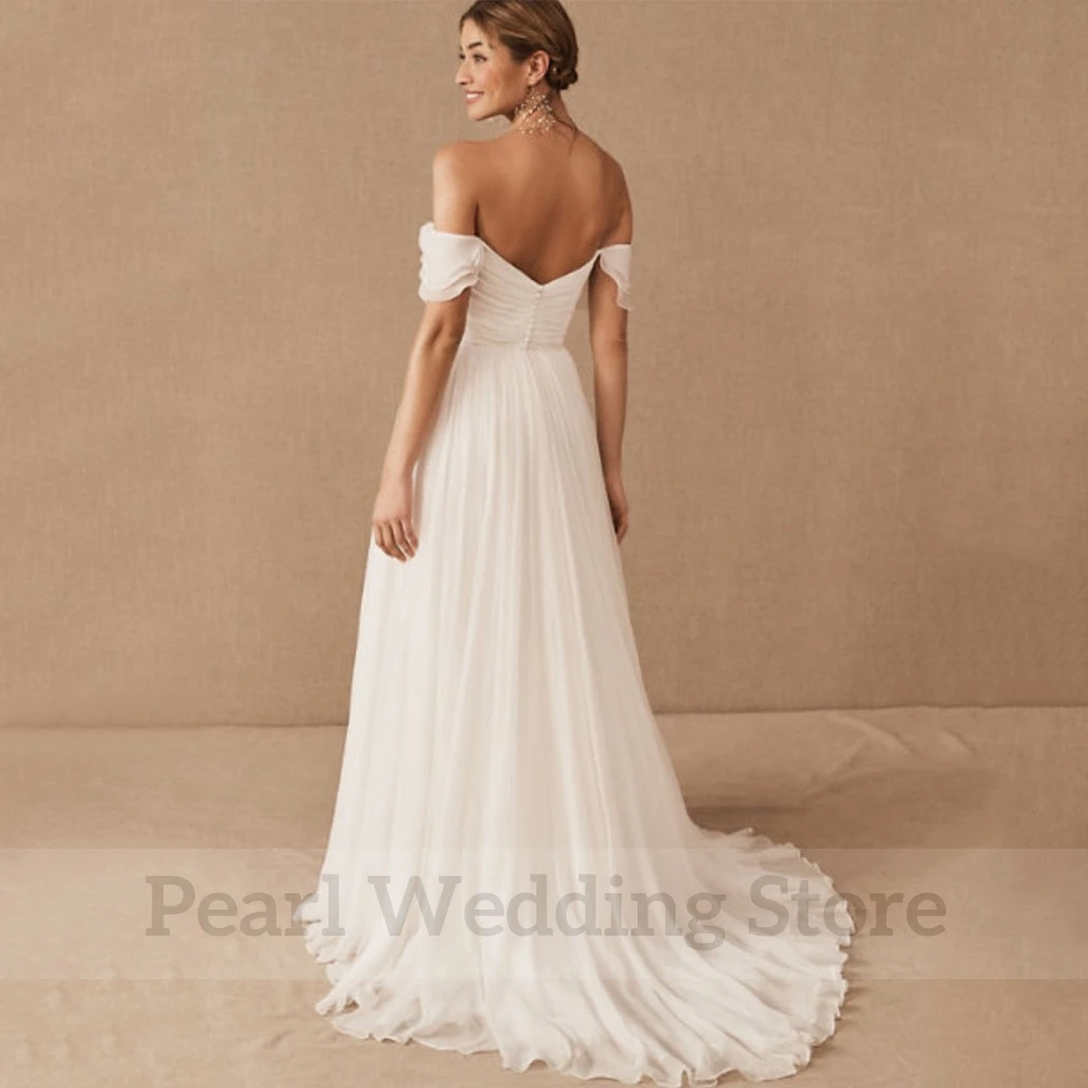 Classic Chiffon Short Sleeve A-Line Wedding Dress Pleat V-Neck Floor Length Sexy Open Back with Sweep Train Bridal Boho Gowns