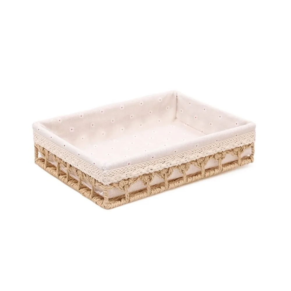 

Hand Woven Desktop Weaving Basket Hollow Out Bohemia Cosmetics Organizer Tray Rectangular Stylish Tabletop Fruit Container