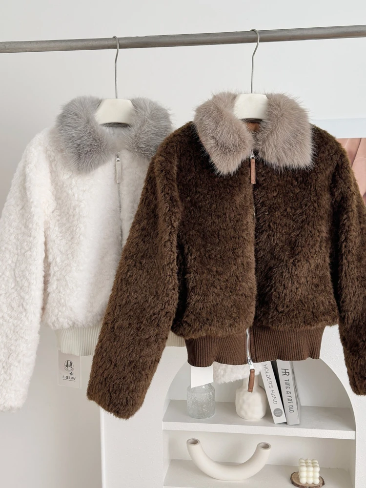 Inverno coreano moda curto falso shearling jaqueta feminina solto ajuste manga longa quente casaco macio gola de pele estilo doce chiques topos