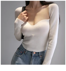 Sexy Pullovers Y2k Tops Fashion Women Clothing Long Sleeve Square Collar Tunic Black Jumper Split Casual Knitted Cropped Sweater