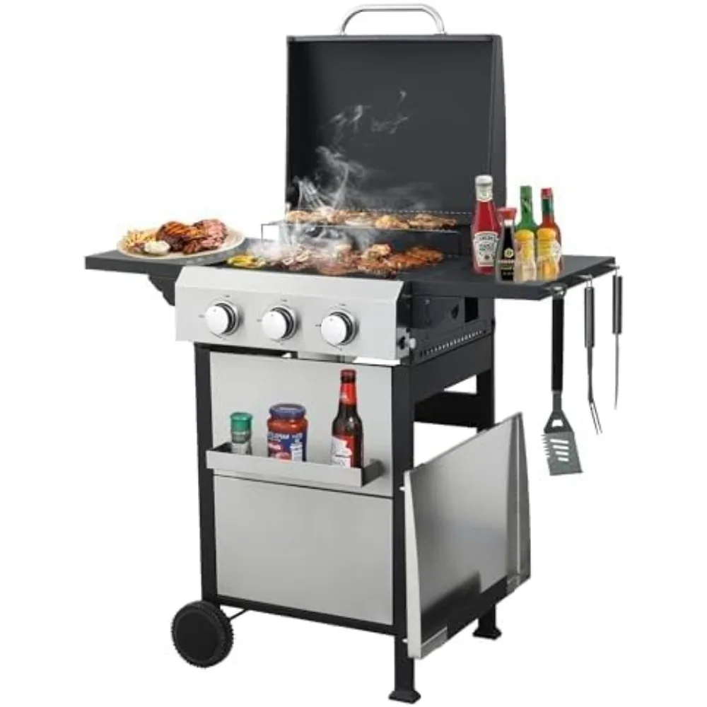 

3 Burner Outdoor Griddle Grill Combo, 2 in 1 Propane Gas BBQ Grill w/Enameled Cast Iron Grids and Stainless Steel Plancha, Porta